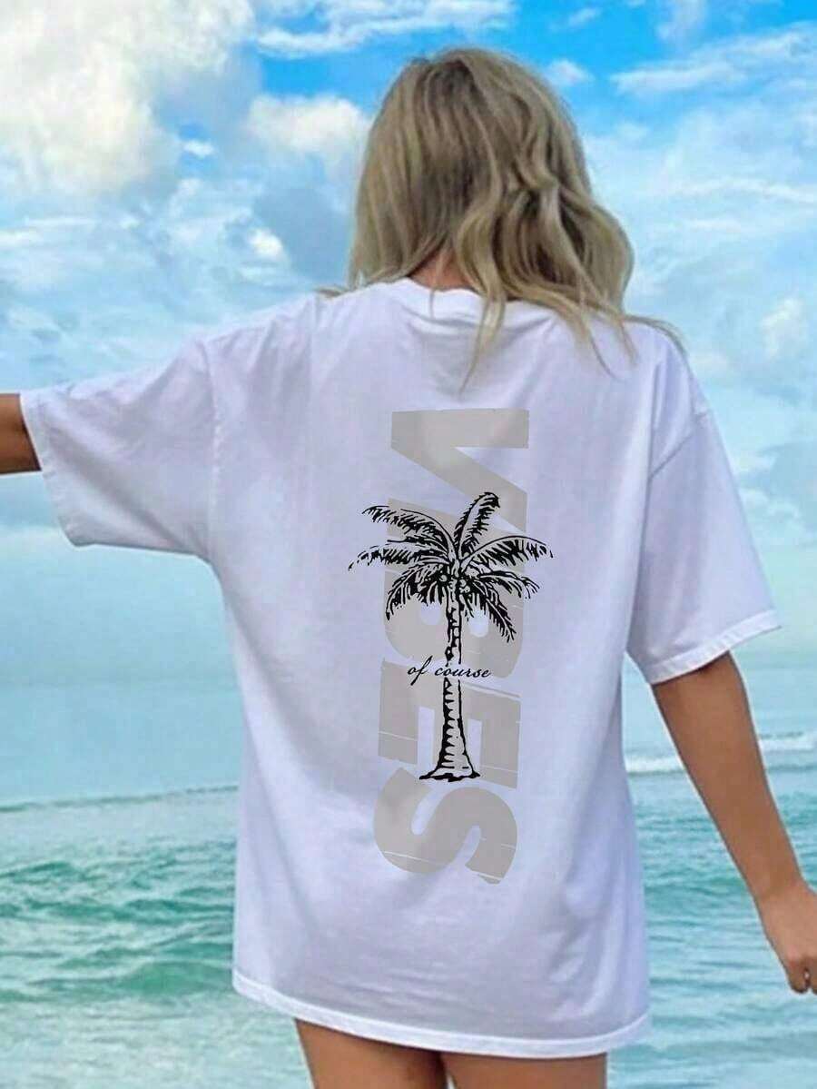 TopsWomen's Minimalist Coconut Tree Slogan Print Casual Round Neck Short Sleeve T-Shirt, Simple & Versatile, Suitable For Daily & Holiday Wear. Graphi - 白色 - 查看 1