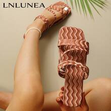 Sandálias rasteiras femininas com textura ondulada, bico quadrado, estilo slip-on, perfeitas para a praia no verão. - Laranja Queimado - Ver 10