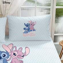 Disney Delightful Stitch Angel Couple Print 3 PiecesFitted Sheet Set Includes 2 Pillowcases Fresh Light Blue Dotted Pattern - Fitted Sheet Set - View 3