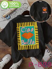 Casual 100% Cotton Women's T-Shirt 'Ciao Bella' Lip Print Short Sleeve Round Neck Top, Soft And Stylish Everyday Wear - 黑色 - 查看 1