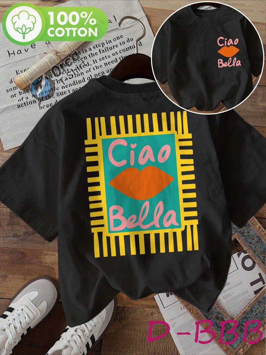 Casual 100% Cotton Women's T-Shirt 'Ciao Bella' Lip Print Short Sleeve Round Neck Top, Soft And Stylish Everyday Wear - 黑色 - 查看 1