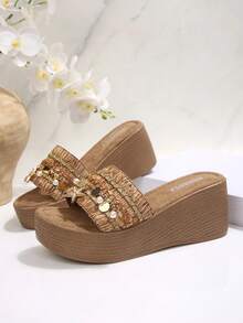Bohemian Style Woven Thick-Soled Sandals, Starfish & Pearl Decor Beach Platform Wedge Sandals For Women - Brown - View 3