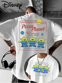 Disney Authorized! 1pc New "Toy Story" Pizza Planet Signboard+Alien Double-Sided Pattern Men's T-Shirt, IP Stalk, Suitable For Toy Story Fans, Street Fashion Wear. - 白色 - 查看 1