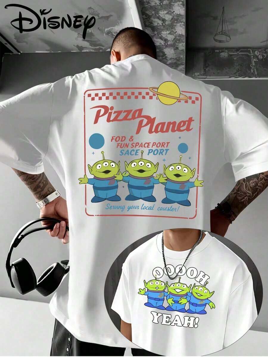 Disney Authorized! 1pc New "Toy Story" Pizza Planet Signboard+Alien Double-Sided Pattern Men's T-Shirt, IP Stalk, Suitable For Toy Story Fans, Street Fashion Wear. - 白色 - 查看 1