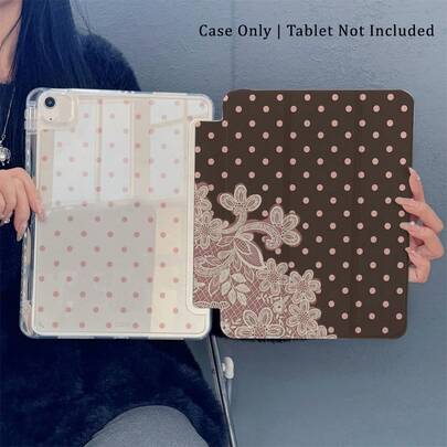 1pc Brown Polka Dot & Lace Floral Print Tablet Case With Pen Slot, Multi-Angle Magnetic Stand With Auto Sleep/Wake,Tablet Case Compatible With IPad PRO/AIR, Compatible With SAMSUNG,Compatible With XIAOMI Pad 5/6/7,Compatible With Huawei Matepad,Compatible With Honor Pad