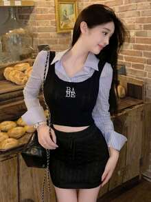 2026 Spring/Summer Women's Black Ribbed Camisole - Casual Sweet "BABE" Embroidery Wide Strap Fitted Sleeveless Top, Suitable For Daily, Dates, Gatherings - Black - View 5