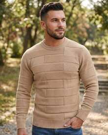 Men's Textured Knit Sweater, Winter Long Sleeve Round Neck Blouse, Modern Knit - 藍色牛仔褲 - 查看 7
