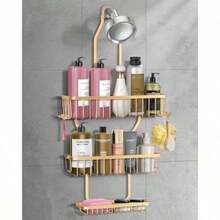 Organizador de Ducha Colgante - Organizador de Ducha Colgante que Nunca se Oxida - Caddy de Aluminio Sobre el Cabezal de Ducha con Canasta de Jabón y 6 Ganchos para Navaja/Esponja Dorado 7592745393698 - Dorado - Ver 8
