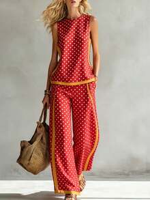 Casual Women's Crew Neck Tank Top & Straight Leg Pants Two-Piece Set, Red Base With White Polka Dot Pattern, The Top Adopts Spliced Cutting Design, Matched With Straight Leg Pants With Side Pockets, Ideal For Daily Commuting, Leisure, Vacation Trips And Light Social Occasions, Women's Summer Suit. - 彩色 - 查看 2