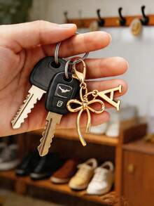 Elegant Bow Tie Fashion A-Z Letter Keychain, Gold Letter Pendant, High-Value Cute Letter Keychain, Bag Charm, Key Chain Accessory, Phone Case Wallet Car Key Decor, Sweet Casual Fashion Accessory For Bag, Backpack, Car Keys, Birthday, Valentine's Day, Mother's Day Gift For Friends And Family, Daily Use, Party, Travel, Graduation - Multicolor - View 6