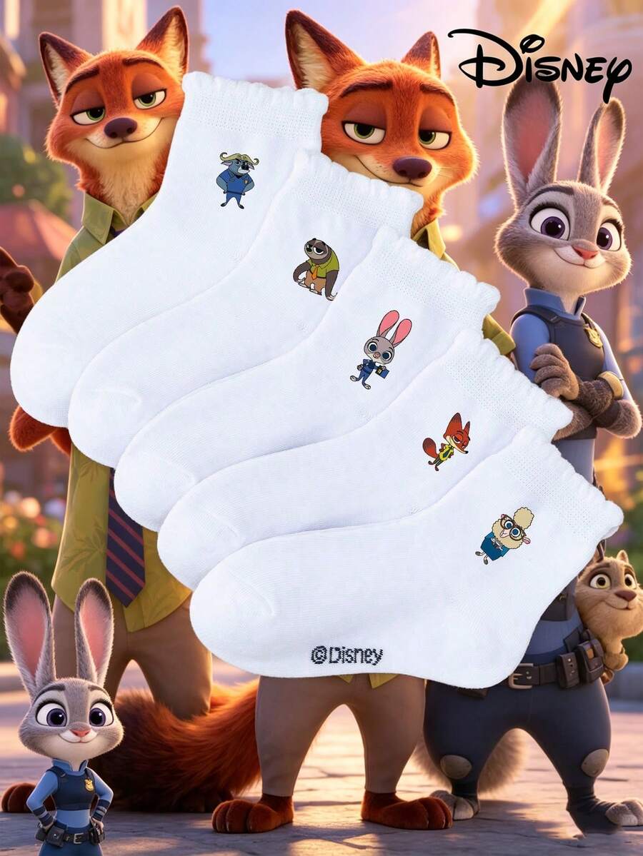 Disney Bộ 5 đôi tất giữ ấm chân cho trẻ em, họa tiết hoạt hình hợp tác, gồm các nhân vật Judy, Nick, Cảnh sát trưởng Bogo, Thị trưởng Lionheart, tất giữ ấm chân có bèo nhún, màu trắng, tất giữ ấm chân ngắn cho trẻ em, bé trai và bé gái, tất giữ ấm chân hàng tuần, thiết kế hoạt hình ngộ nghĩnh.