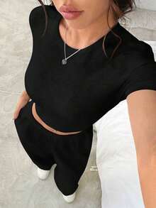 Conjunto de dos piezas básico  2026: camiseta corta ajustada manga corta + pantalón ancho holgado negro, ideal para verano y uso diario casual - Café integral - Ver 11