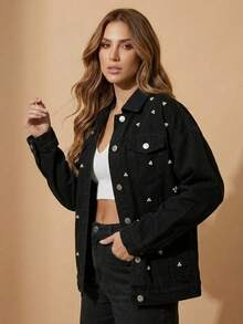 pthirillo Women's Black Denim Jacket Maxi Oversized Denim Black Cotton Long Sleeve Premium Street Style Retro Casual Loose Fit With Pockets Cowboy Style Show Pearls | Basic - 珍珠三重奏 - 查看 9