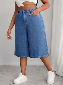 Damen Mittelblau Elastischer Bund Denim Mid-Length Shorts, Kontrastnähte Schlankmachendes Design, Sommer Herbst Pendler Vintage Knielang Lässig - Mittele Waschung - Übersicht 4
