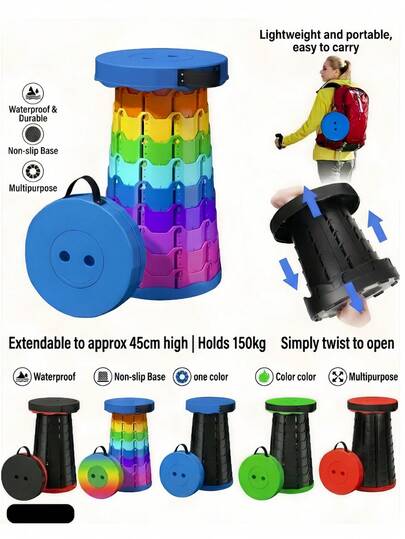 1 chiếc ghế trụ gấp di động, ghế xếp, ghế thu gọn, ghế du lịch. Chắc chắn nhưng nhẹ, có tay cầm để điều chỉnh chiều cao. Thích hợp cho câu cá, leo núi, cắm trại ngoài trời, nướng thịt và các hoạt động ngoài trời khác.