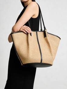 1 pieza Bolso de tote tipo cubo de rafia color albaricoque, bolso de hombro de gran capacidad para mujer, adecuado para la playa, viajes y uso diario - Albaricoque - Ver 4