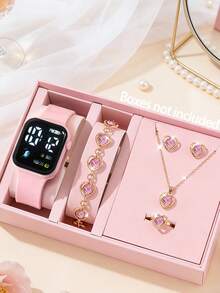 Set de 5 relojes electrónicos con pantalla digital con forma de corazón, regalo para estudiantes mujeres - Rosa - Ver 9