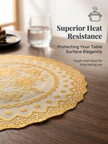 Luxury Gold Hollow Placemat, Made Of PVC Material, Featuring Exquisite Chrysanthemum And Butterfly Embossed Patterns, Elegant Lace Hollow Edge Design, Waterproof, Oil-Proof And Easy To Clean, Suitable For Home Dining, Holiday Gatherings Or Western-Style Tableware Setting, Adding A High-End Feel And Ceremonial Atmosphere To The Dining Table, Random Style Shipped - Gold - View 7