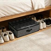 1pc Foldable Fabric Shoe Storage Box With Transparent Lid And Dual Handles, Large Capacity Dust-Proof Shoe Container. Simple Space-Saving Design, Suitable For Bedroom, Wardrobe, Dorm, All-Season Practical Household Shoe Storage Solution - Dark Grey - View 3