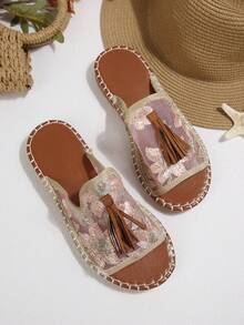 Women's Summer Fashionable Comfortable Flat Non-Slip Tassel Decor Open Toe Slip-On Slippers, Casual For Beach, Party, Daily Wear - Pink - View 4