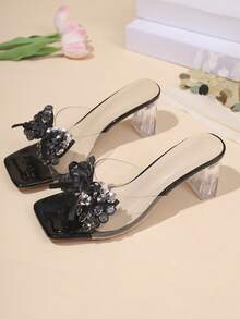 2026 Summer New Fashion Women's Crystal High Heel Sandals, Transparent Comfortable Upper With Exquisite Rhinestone Bow Decor, Suitable For Party, Vacation, Wedding, Date, Outdoor - Black - View 3