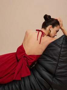 Vestido línea A con escote halter, cordones y espalda descubierta - Rojo - Ver 2