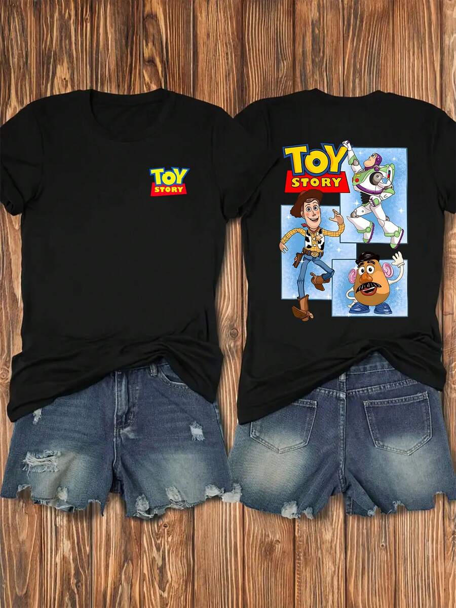 Disney Women's T-Shirt Circle To Print Toy Story, Front And Back Prints, Soft And Elastic Casual Short Sleeved Top, Fashionable Short Sleeved Round Neck T-Shirt, Women's Clothing - màu đen - Xem 1