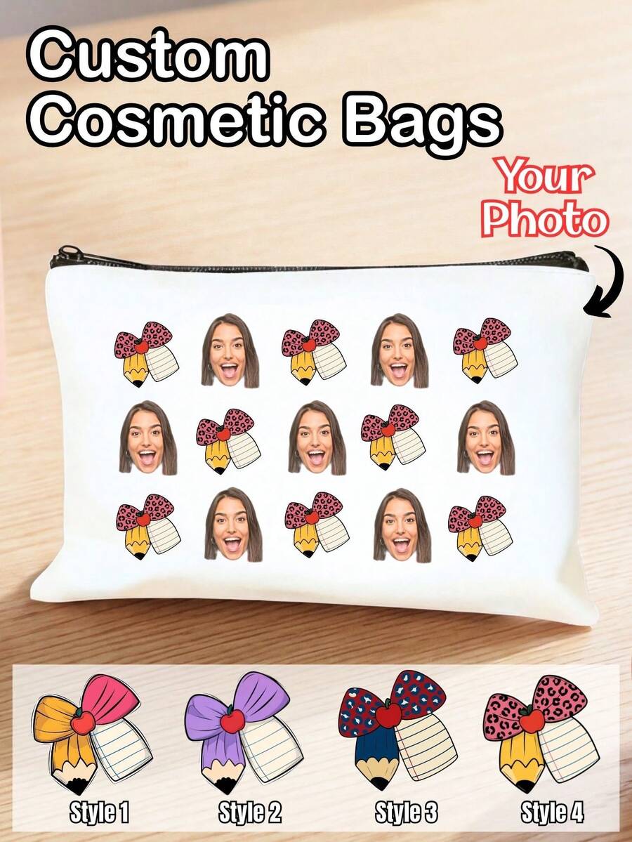 Custom Photo Cosmetic Makeup Bag, Personalized Teacher Gift Canvas Zipper Pouch, Multi-Purpose Travel Storage, For Teacher Appreciation Week, Back To School, First Day Of School, Teacher Thank You Gift, Organizer For Makeup Stationery Toiletries - Multicolor - View 1
