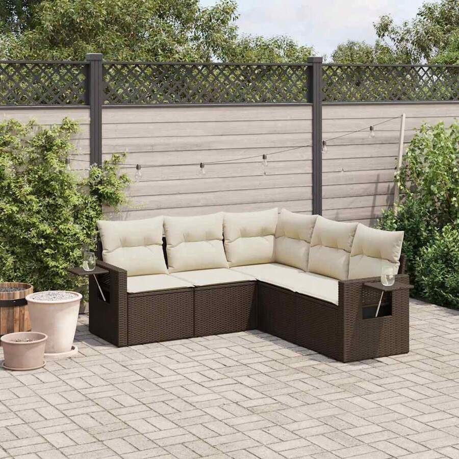 vidaXL Salon de jardin avec coussins 5 pcs marron résine tressée - A - Voir 1
