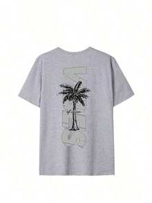 TopsWomen's Minimalist Coconut Tree Slogan Print Casual Round Neck Short Sleeve T-Shirt, Simple & Versatile, Suitable For Daily & Holiday Wear. Graphi - 灰色 - 查看 4