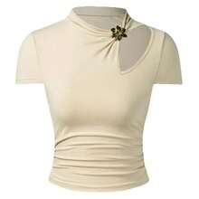 Camiseta Básica de Mujer con Cuello Alto y Aberturas, Top Ajustado de Punto Fruncido, Elegante y Elástico para Primavera-Verano 2026, Estilo Casual Diario - Caqui - Ver 1