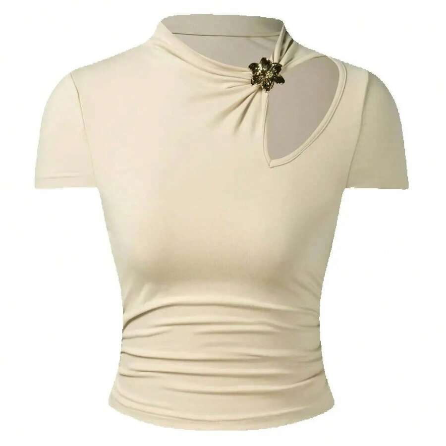 Camiseta Básica de Mujer con Cuello Alto y Aberturas, Top Ajustado de Punto Fruncido, Elegante y Elástico para Primavera-Verano 2026, Estilo Casual Diario - Caqui - Ver 1