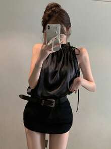 Women's French Style Black Polka Dot Satin Drawstring Loose Fit Blouson Tank Top Casual Summer - Pure Black - View 1