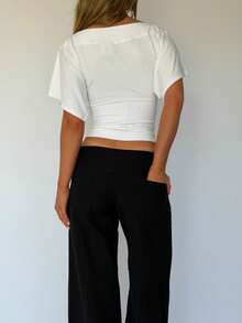 Womens Boat Neck Batwing Tops For Women Cinched Waist Top Tie Back Short Sleeve Shirts Business Casual Clothing - 白色 - 查看 7