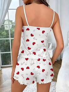 Conjunto de ropa de estar en casa para vacaciones con top sin mangas de tirantes finos con estampado de corazones de San Valentín & pantalón corto con volantes y cintura elástica - Blanco - Ver 2