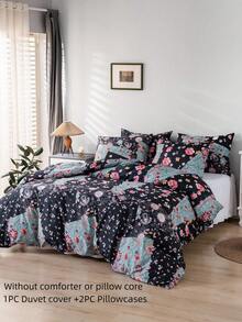 Bộ ga trải giường phong cách đồng quê 3 món (2 vỏ gối, 1 vỏ chăn, không bao gồm chăn bông), bộ ga trải giường mềm mại và thoáng khí với họa tiết hoa trang nhã, phù hợp cho mọi mùa, tạo không gian ấm cúng cho phòng ngủ hoặc ký túc xá, món quà lý tưởng. - Đen và xanh - Xem 12