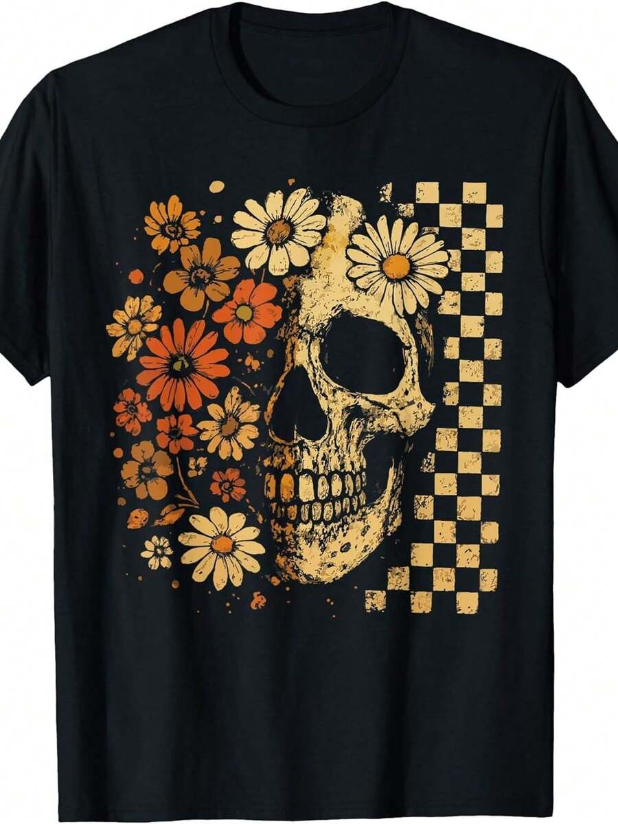 Retro Aesthetic Design T-Shirt With Floral And Skull Design - 黑色 - 查看 1