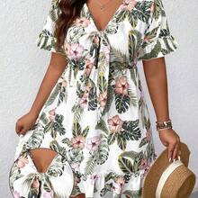 Plus Size Women's Plant And Floral Print Front Tie Dress, Suitable For Summer - Negro - Ver 2