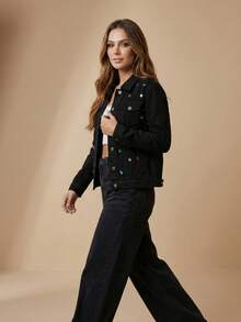 pthirillo Women's Black Denim Jacket Maxi Oversized Denim Black Cotton Long Sleeve Premium Street Style Retro Casual Loose Fit With Pockets Cowboy Style Show Pearls | Basic - 彩色寶石 - 查看 8