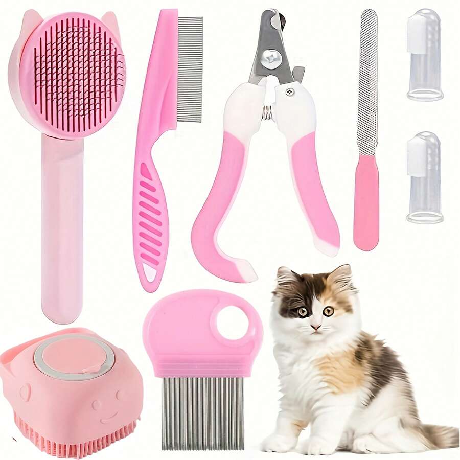 Bộ dụng cụ chăm sóc thú cưng cao cấp 8 món dành cho mèo: Bao gồm các sản phẩm thiết yếu giúp tự làm sạch, chăm sóc móng và lông, và chăm sóc răng miệng để giữ cho thú cưng yêu quý của bạn luôn vui vẻ và khỏe mạnh. - Hồng - Xem 1