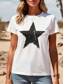 -Women's Vintage Star Print Shirt - Retro And Starry Top With A Distressed Effect, Highly Elastic Fabric, Round Neck, Casual Shirt, Comfortable Blouse For All Seasons (Machine Washable) - White - View 6