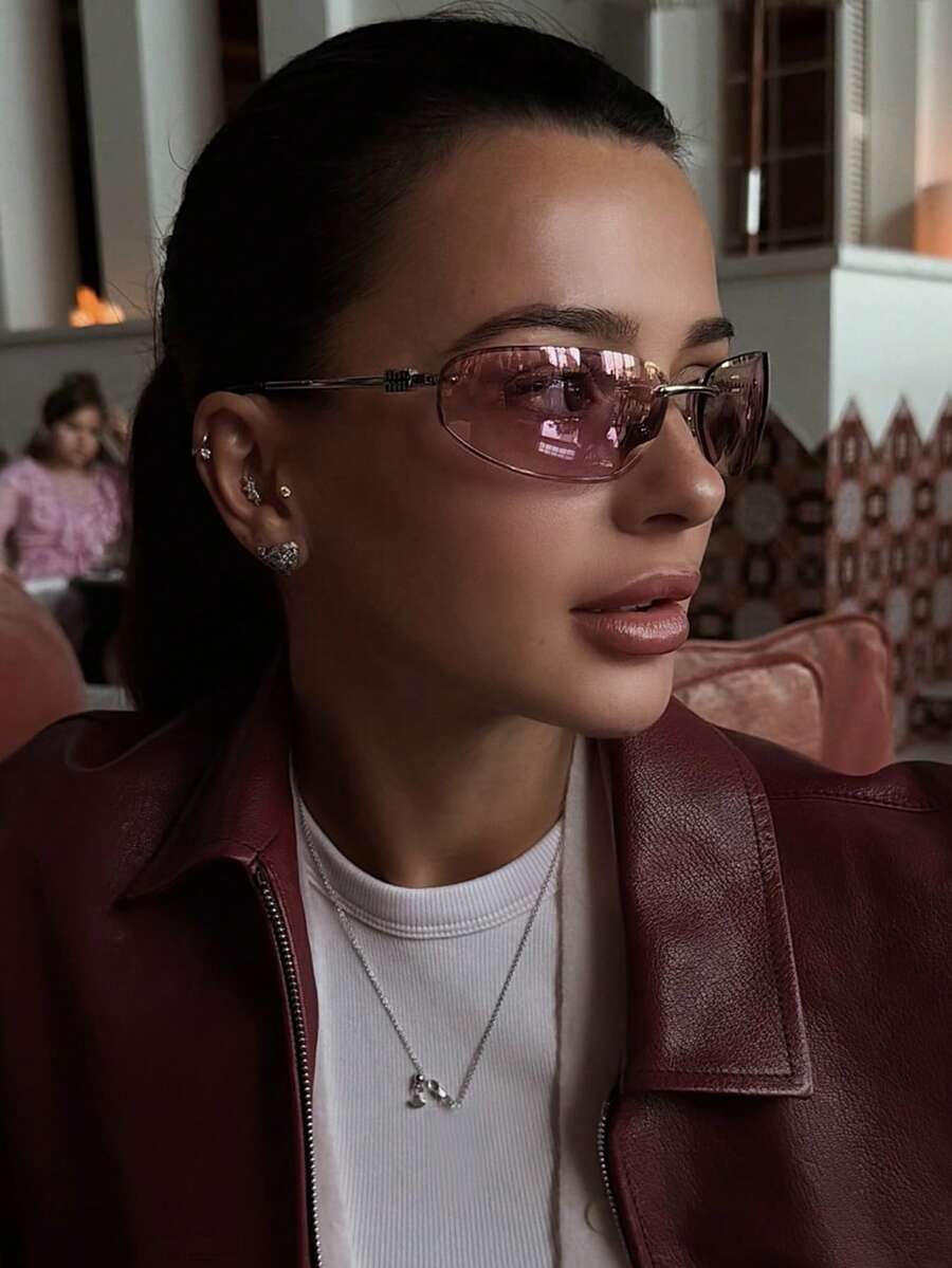 1pc Future Tech Style Rectangular Retro Multifunctional Fashion Frameless Letter Decor Personalized Women Fashion Glasses - Pink - View 1