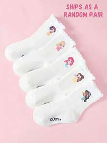 1/5 Pairs Authentic Disney Princess Series Pattern White Lace Children's Short Socks, Cute Overall Style, Suitable For Sweet Style, Adorable Cartoon Unique Disney Pattern, Fashionable Casual Comfortable Breathable Student Socks, Suitable For Daily Wear, Back To School, Holiday Gifts - Multicolor - View 8