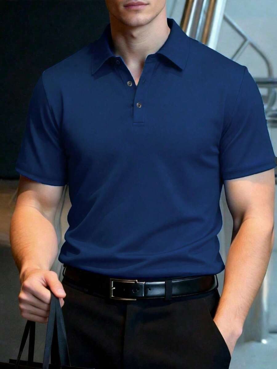 男士休闲商务宴会 Polo 衫，时尚简约百搭 Polo 衫 - 藏蓝色 - 查看 1