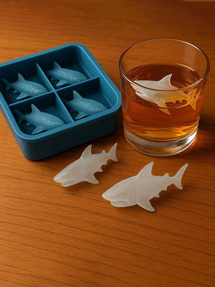 1 pieza Bandeja de silicona con forma de tiburón con 4 compartimentos, reutilizable, apilable, suave y desmontable, adecuada para cubitos de hielo, whisky, cócteles, postres, fiestas, regalo único con forma de tiburón