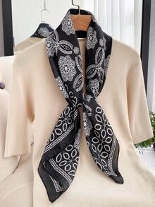 1pc Elegant Floral Print 90cm Square Scarf, Suitable For Casual And Fashionable Outdoor Wear As Bandana, Headband, Shawl, Perfect For Accessorizing Your Outfit,Accessories,Holiday - Black - View 2