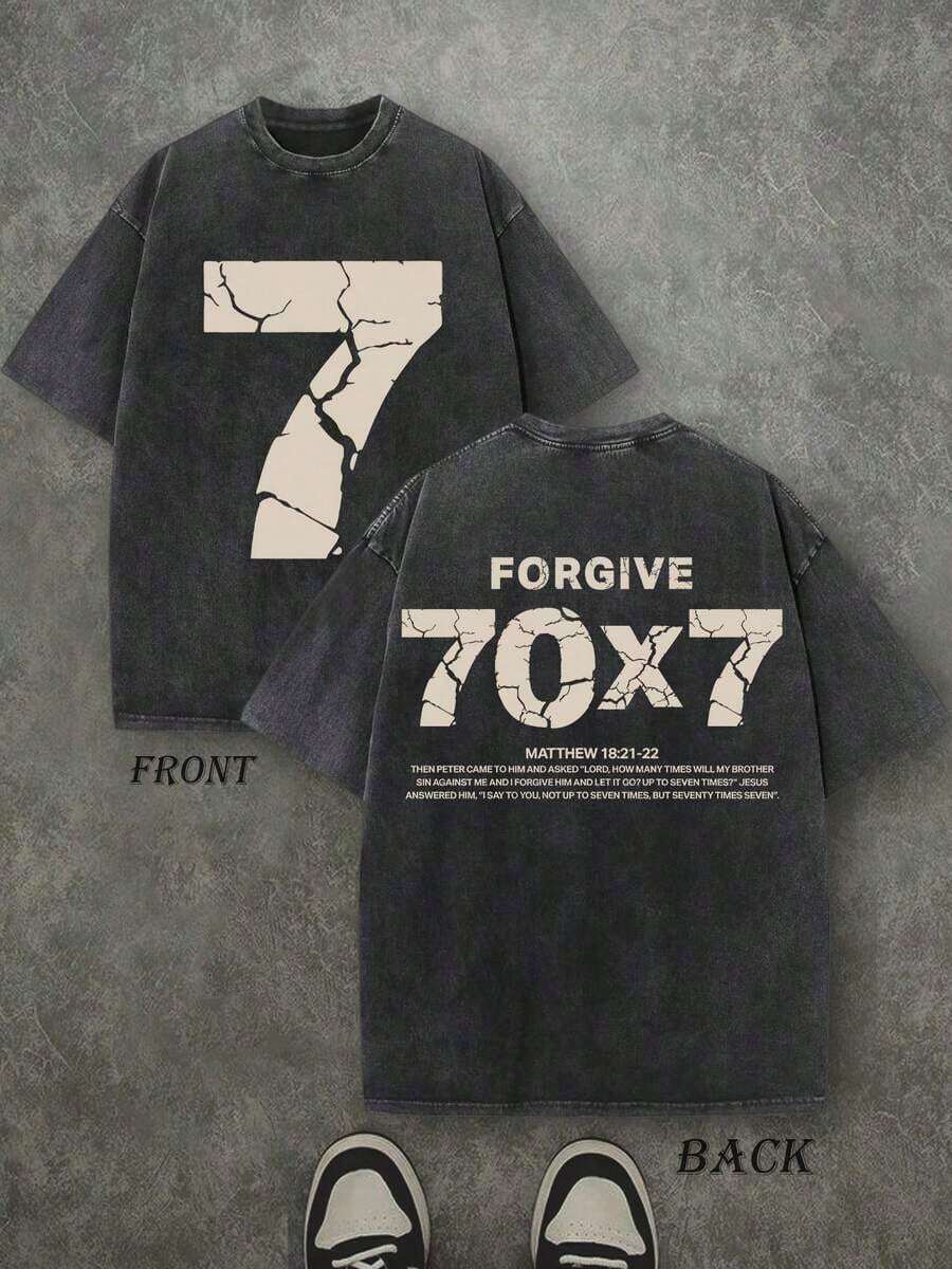 Camiseta Cristiana Forgive 70x7, Camiseta con Escritura Bíblica, Camiseta Vintage Retro Lavada con Estampado a Doble Cara (Camiseta de Algodón Puro de 230 g/m²), Camiseta Cristiana de Alta Calidad, Regalos Cristianos, Camisetas para Hombre y Mujer, Camiseta Cómoda, Camiseta Cristiana de Moda, Camiseta de Algodón Puro Estilo Urbano para Otoño. - Negro - Ver 1