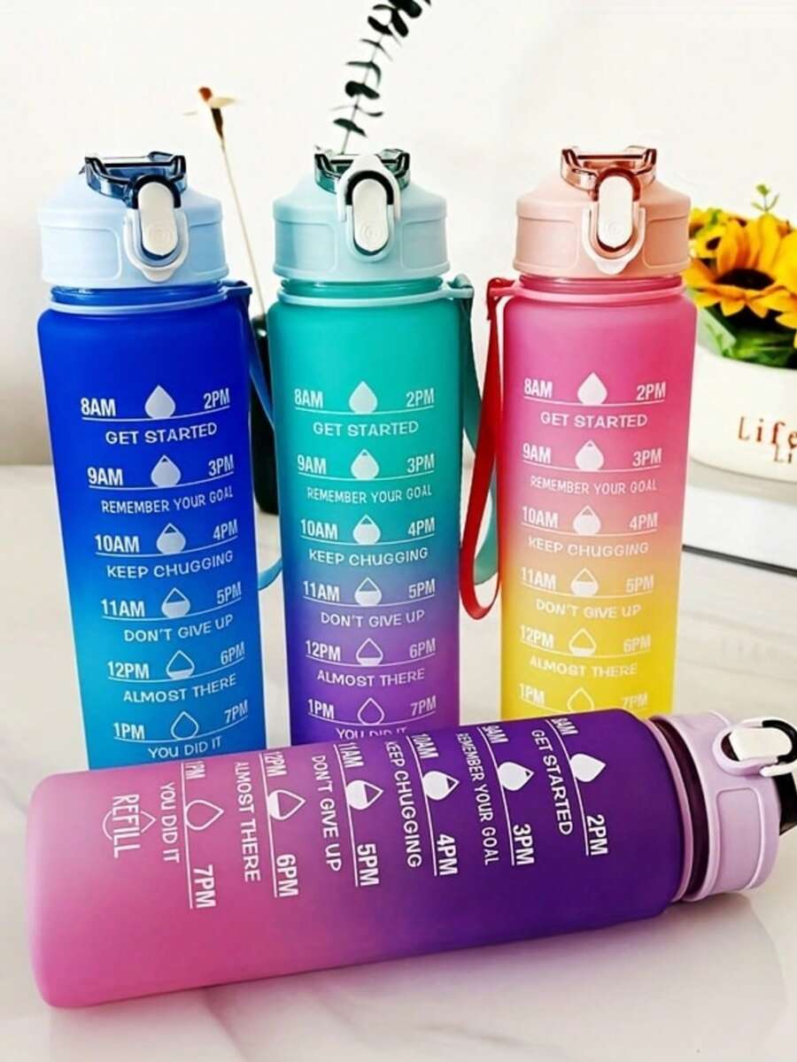Gradient Color Motivational Water Bottle - With Time Scale, Leak-Proof, Includes Cute Stickers! Keep Hydrated And Motivated - Multicolor - View 1
