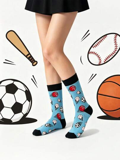 1双男女通用趣味足球、篮球、棒球元素图案中筒袜，适合运动爱好者
