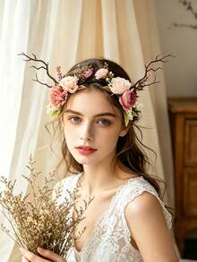 1pc Cute Deer Antler Headband, Floral Branch Wreath Headpiece, Nature Inspired Decor Prop For Photo Shoot, Women Hair Accessories - 22423 - View 11